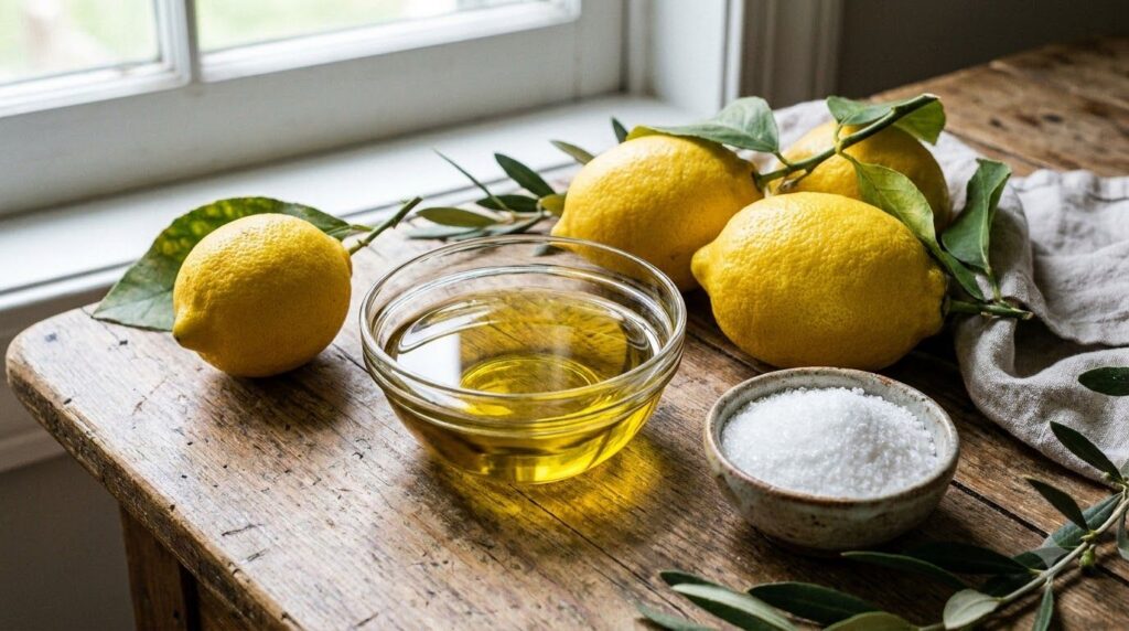 Close-up shot of fresh lemons a bowl of olive oil and a small bowl of sugar on a rustic wooden table ready for a DIY bea
