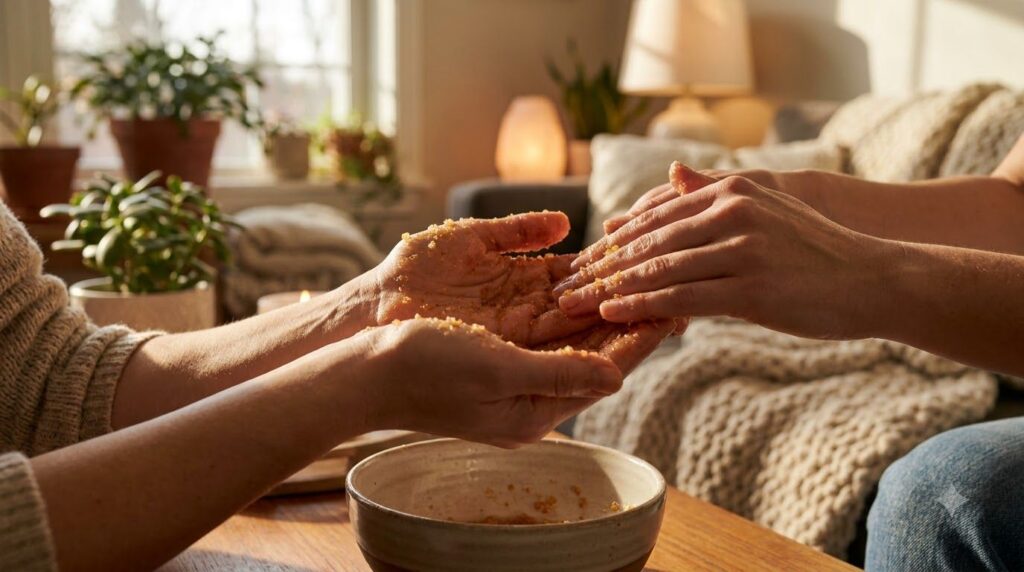 A woman s hands being gently massaged with a natural scrub showcasing the application of the DIY mixture