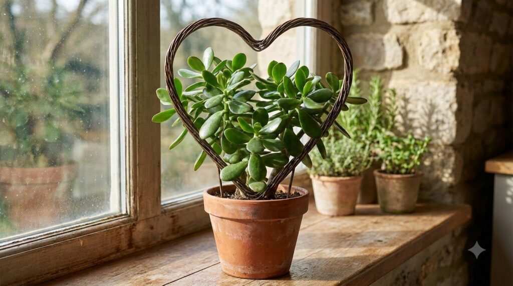 A beautifully structured jade plant with a newly installed heart-shaped wire support showcasing the plant s healthy foli