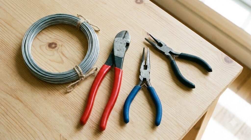 A collection of DIY materials laid out on a clean surface including galvanized wire wire cutters and pliers ready for cr