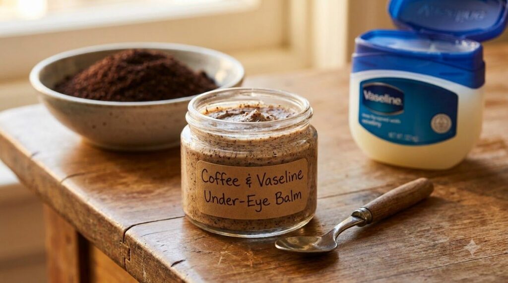 Close-up of a small glass jar containing freshly made coffee and Vaseline under eye cream with a small spoon next to it
