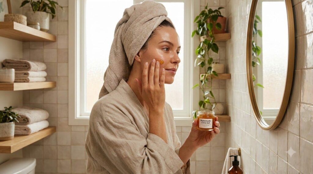 A woman gently applying a small amount of homemade clove gel to her clean face focusing on her cheek with soft glowing s