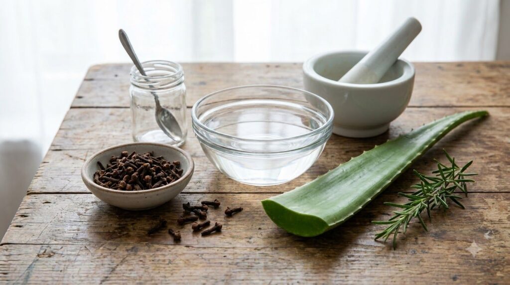 Various fresh ingredients for a DIY clove gel including whole cloves a bowl of water and an aloe vera leaf neatly arrang