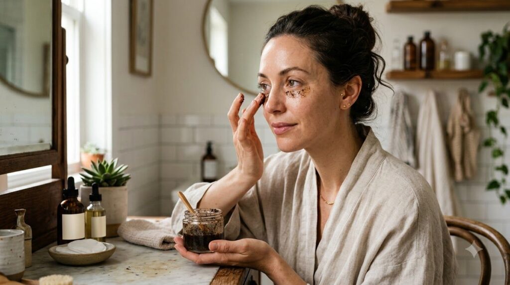 A woman gently applying the DIY coffee and baby oil blend under her eye with a fingertip or a rollerball applicator