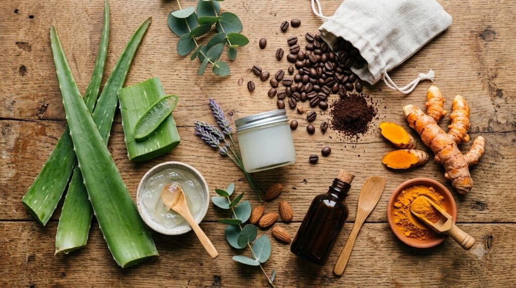 A beautiful flat lay of natural skincare ingredients like fresh aloe vera leaves turmeric roots coffee beans and a small