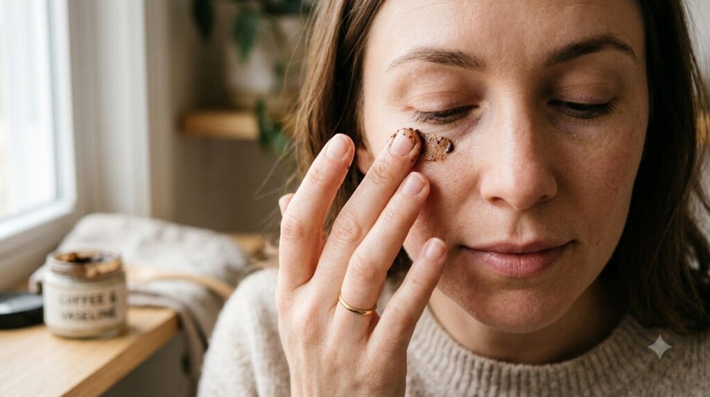 A person applying a homemade coffee and Vaseline under-eye cream gently with their finger under their eye