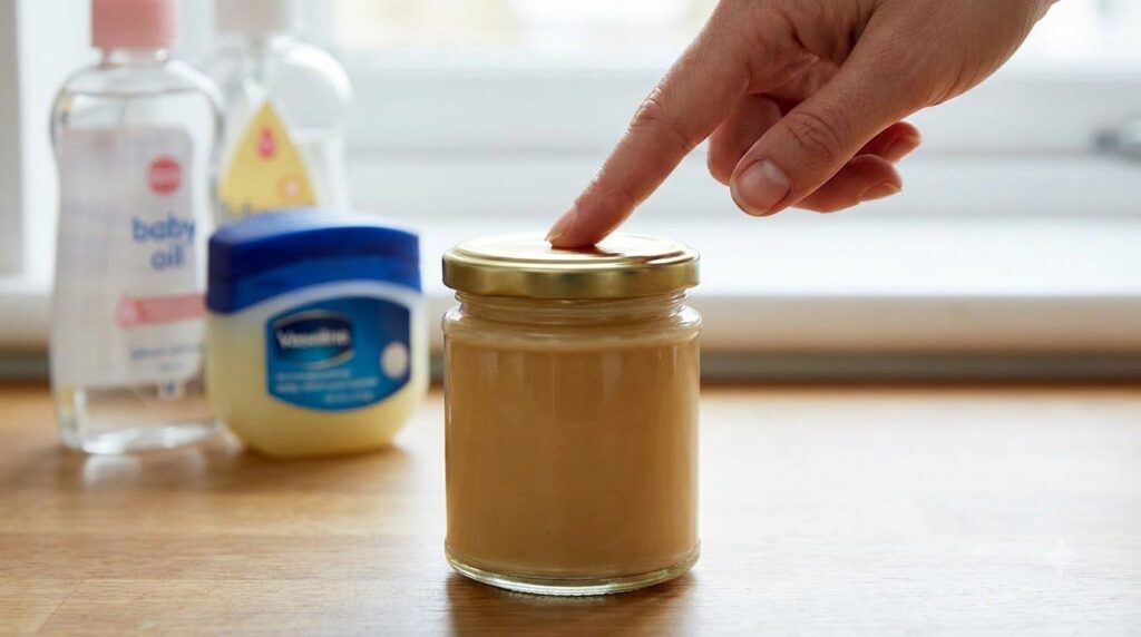 A finished homemade cream in a small jar with a finger testing its texture surrounded by the same ingredients used in th