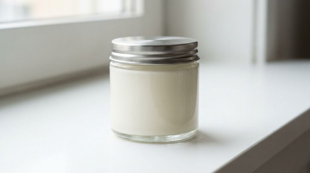 A small clear container filled with the mixed Johnson s baby oil and Vaseline Baby Protecting Jelly showing a smooth cre
