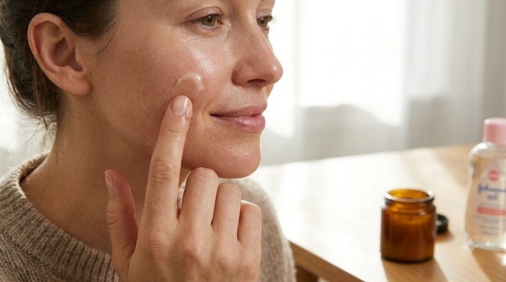 Close-up of a woman s hand gently applying the homemade anti-aging mixture to her cheek showing smooth glowing skin