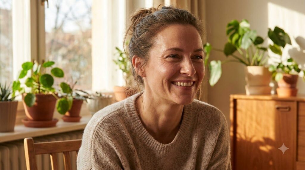 A woman smiling and looking refreshed showcasing her glowing smooth skin after using a natural beauty regimen