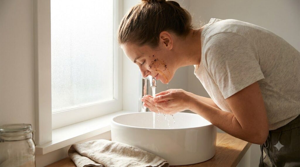 A woman gently rinsing her face after applying a coffee and honey scrub with water running over her hands and face
