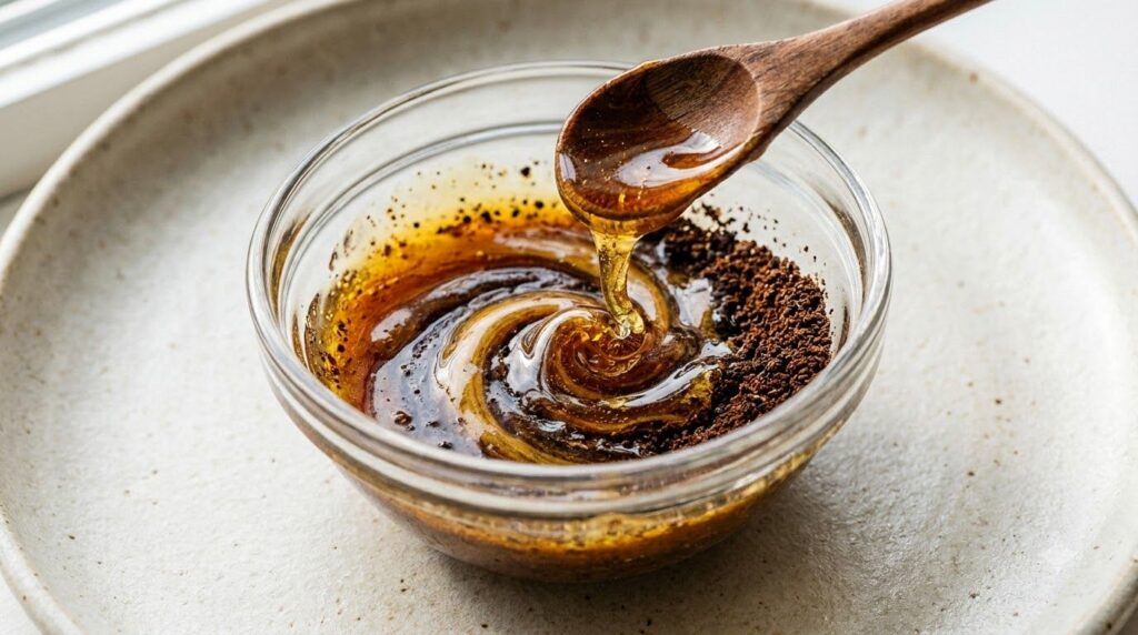 Close-up of a small glass bowl with coffee grounds and honey being mixed with a wooden spoon