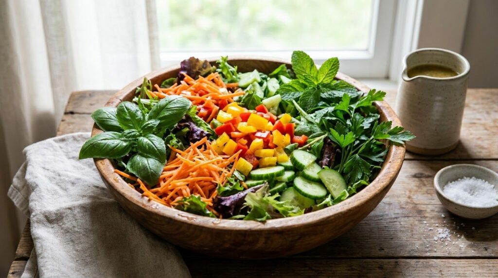 A vibrant fresh salad in a large bowl featuring a mix of green leafy vegetables colorful chopped vegetables and generous