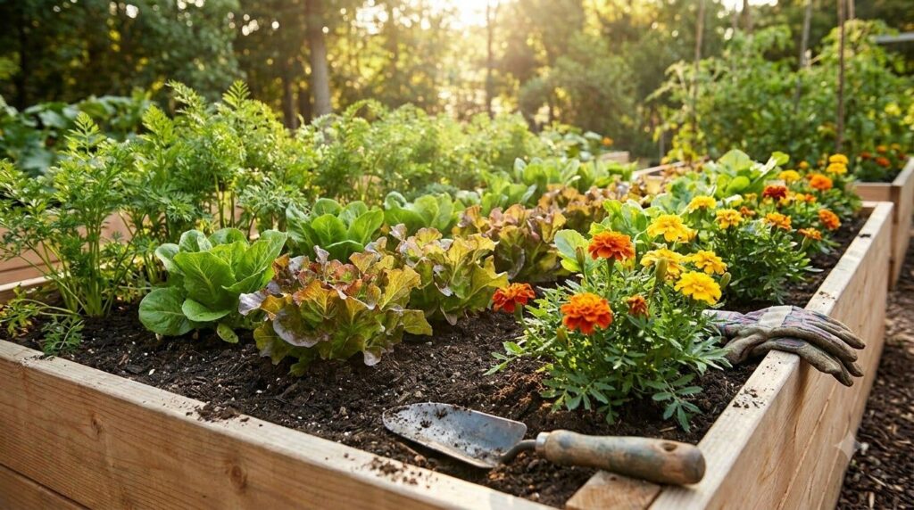 A beautiful thriving garden bed with rich dark soil that has been amended with compost Various healthy vegetables and fl