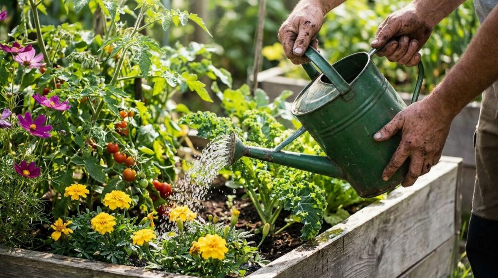 A gardener watering various thriving vegetables and colorful flowers in a raised garden bed with a watering can showing 