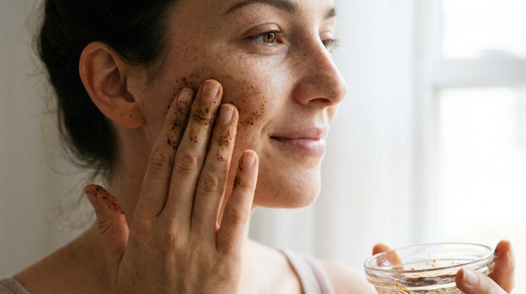 A woman gently applying the coffee and baby oil mixture to her cheek with her fingertips showing a close-up of her hand 