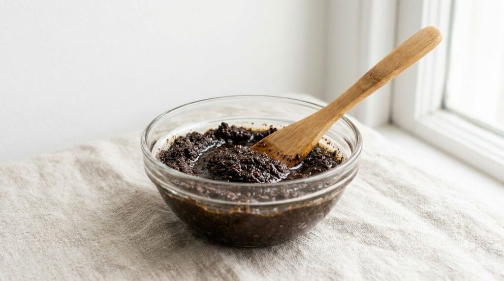 A small glass bowl containing the mixed coffee grounds and baby oil paste with a small spatula or spoon resting in it Th