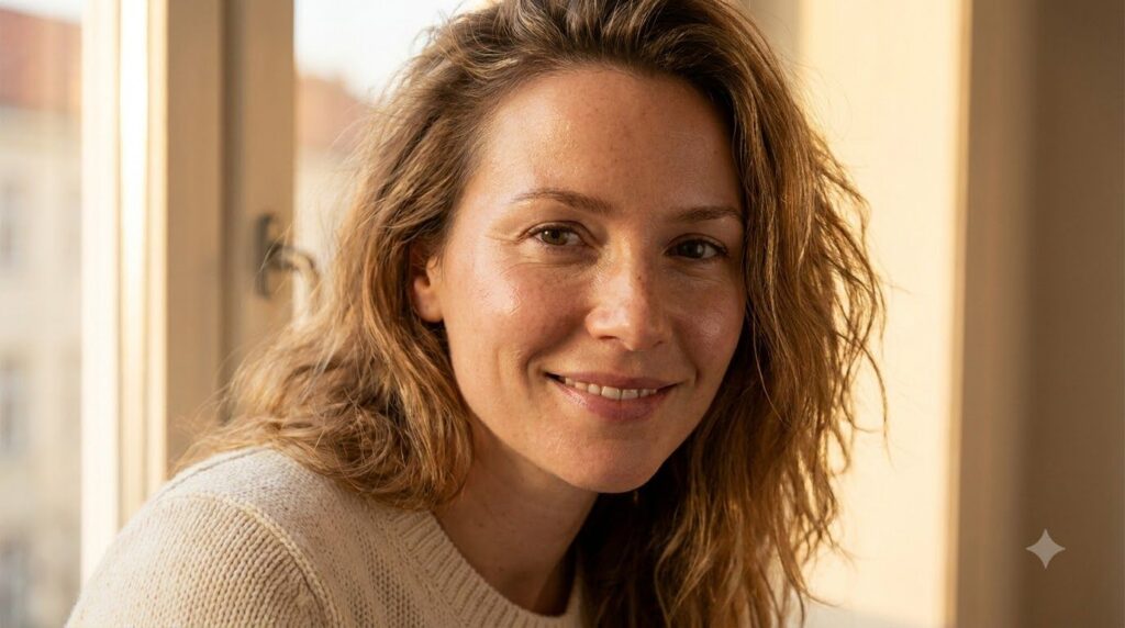 A close-up of a woman with clean glowing skin smiling slightly embodying a natural no-makeup look after using a beauty m