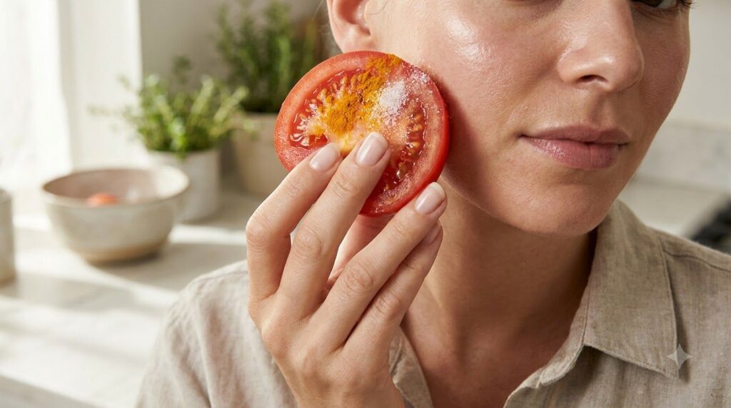 A person s hand gently applying the tomato turmeric and sugar mixture to their cheek in soft circular motions with a rad