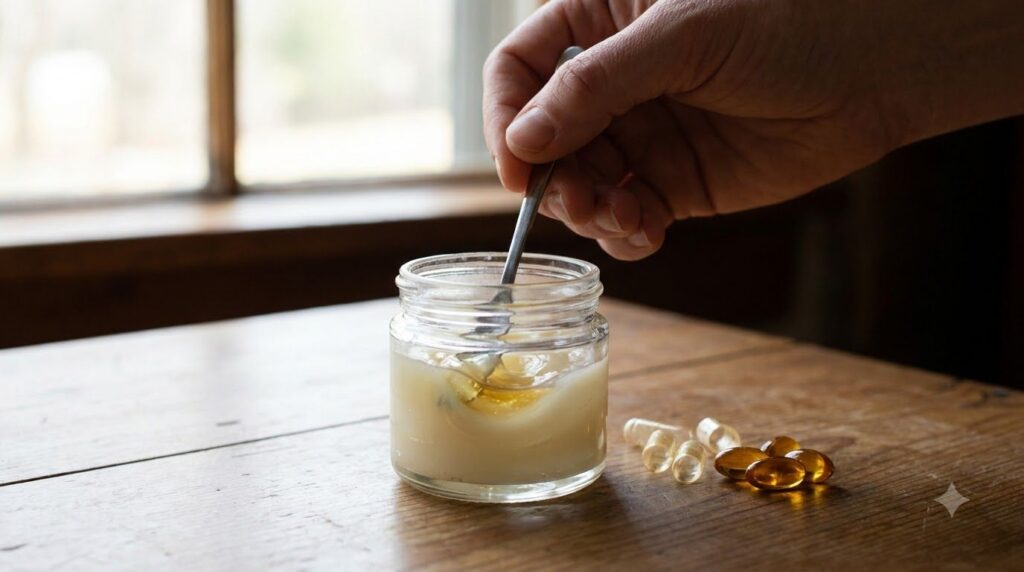 A close-up of a small glass jar or container where Vaseline and the liquid from Vitamin E capsules are being mixed toget