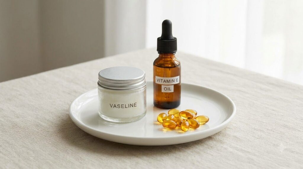 A small clean jar of Vaseline and a few Vitamin E capsules or a bottle of Vitamin E oil arranged neatly on a light-color