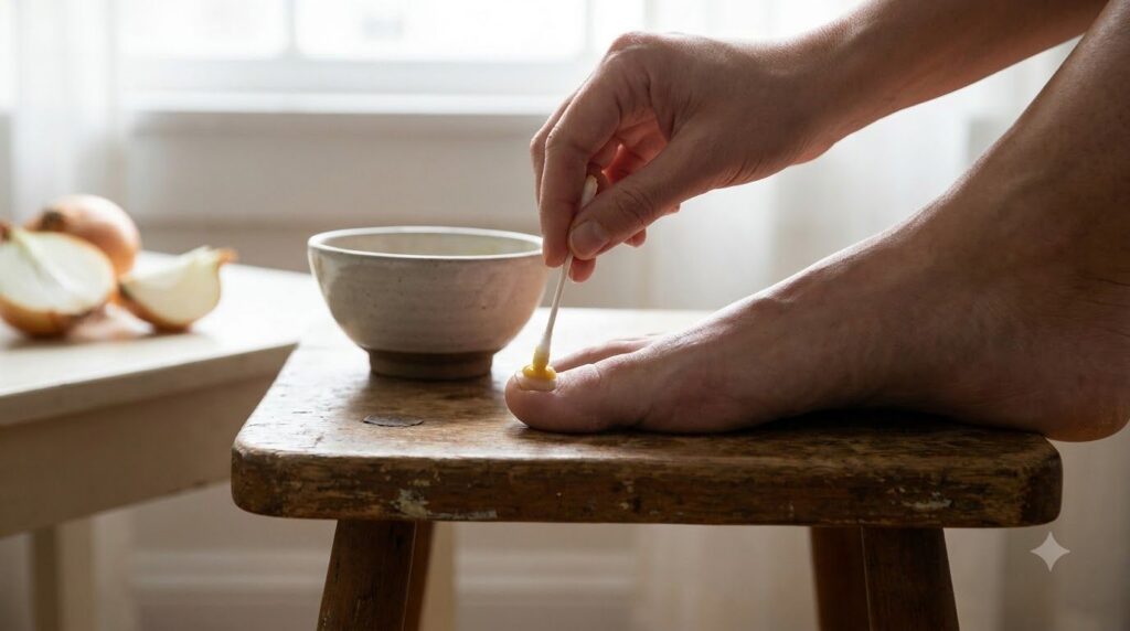 A close-up of a foot with a toenail remedy being applied showing the onion paste on the nail