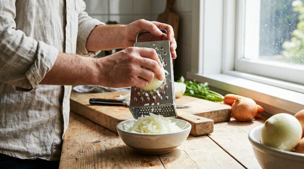 Someone grating an onion finely to prepare it for a natural remedy showing the raw onion and a grater
