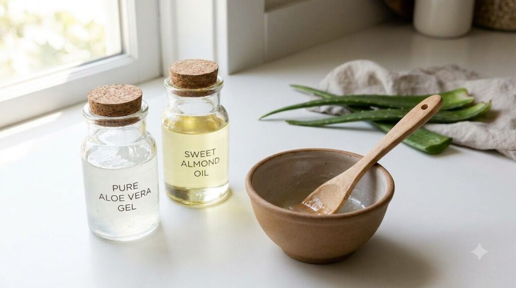 Small glass jars of pure aloe vera gel and sweet almond oil with a small mixing bowl and spatula nearby on a clean white