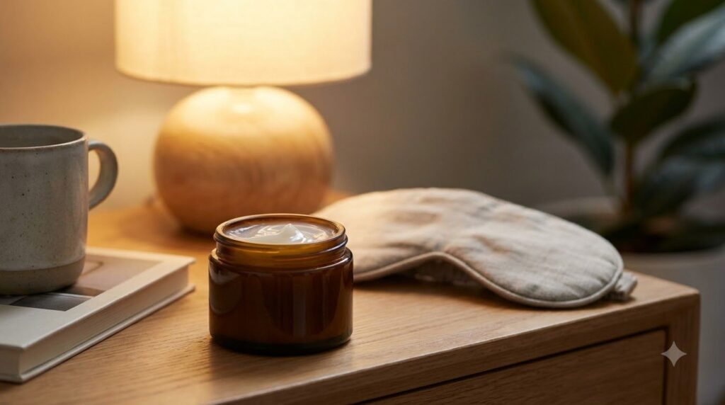 A small elegant amber glass jar filled with the freshly mixed night glow gel placed on a bedside table with a soft lamp 