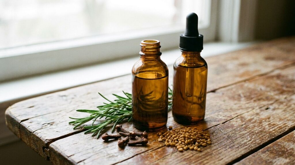 A small amber glass bottle of finished rosemary clove and fenugreek infused hair oil with a dropper placed next to a few