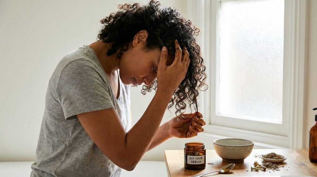 A woman gently massaging the DIY black hair serum into her scalp with her fingertips focusing on the roots of her hair i