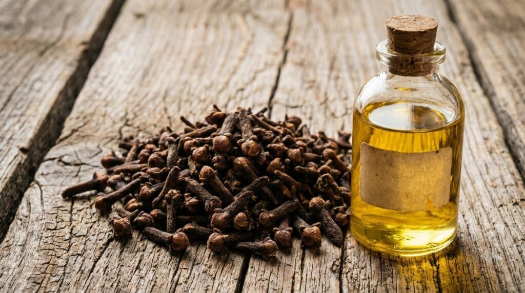 Close-up of dried cloves and a small bottle of jojoba oil highlighting the two main ingredients for the DIY drops