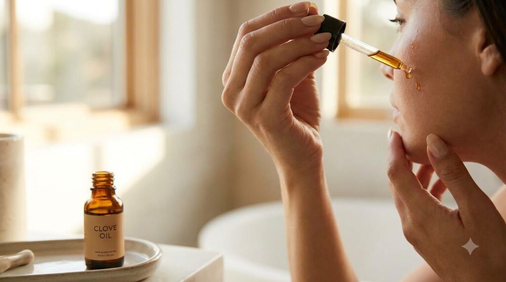 A woman s hand gently applying a few drops of the homemade clove oil blend onto her cheek with a dropper in a bright bat