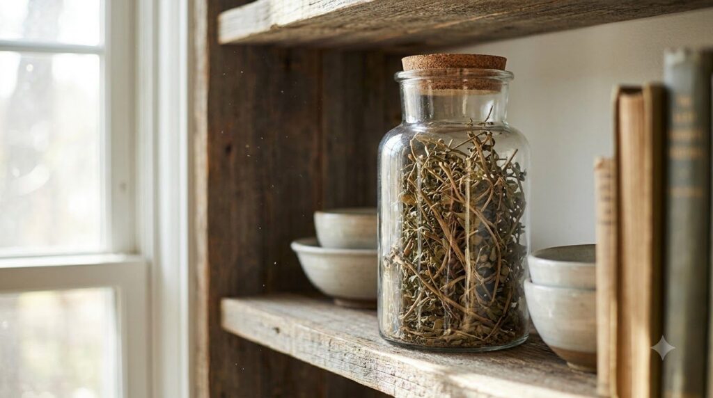 A glass jar filled with dried purslane leaves and stems with a label indicating Dried Purslane on a rustic shelf