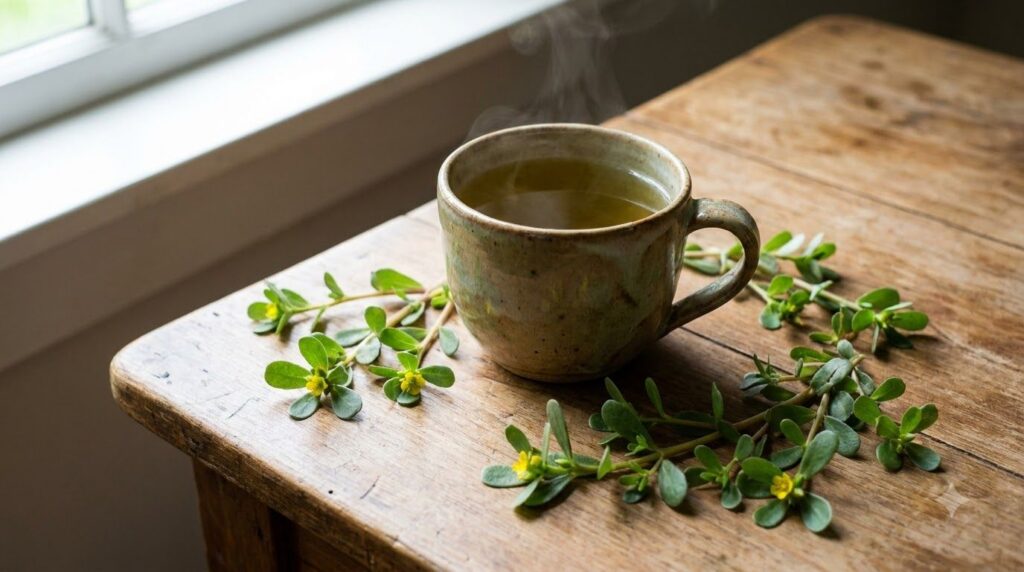 A ceramic mug filled with golden-green purslane tea with some fresh purslane leaves visible nearby on a wooden table
