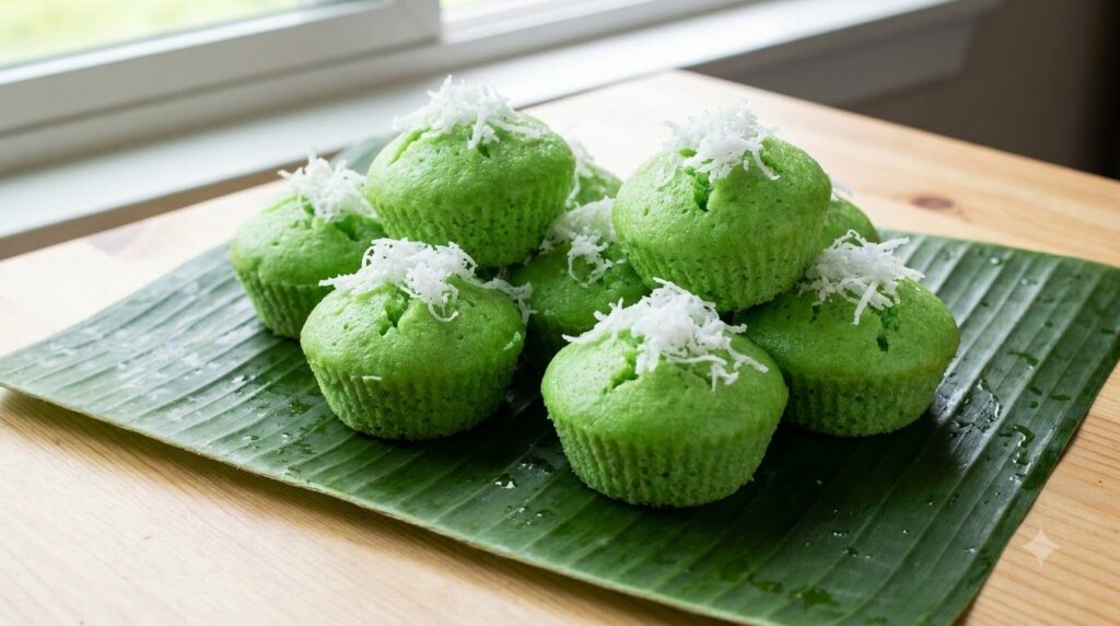 Green pandan puto fragrant and soft topped with a sprinkle of shredded coconut on a banana leaf