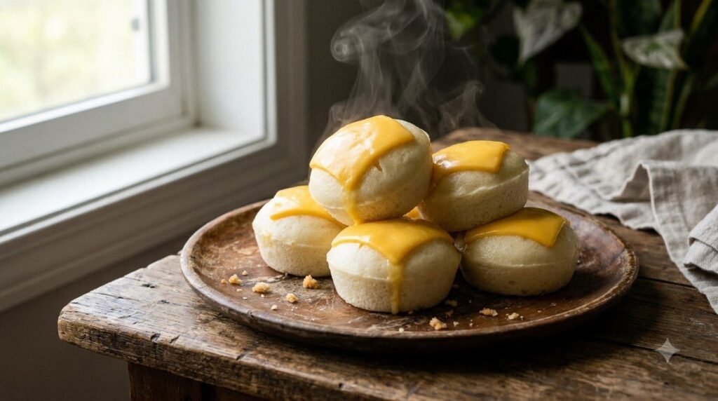 Fluffy steamed cheese puto with a slice of bright yellow cheese on top stacked on a plate