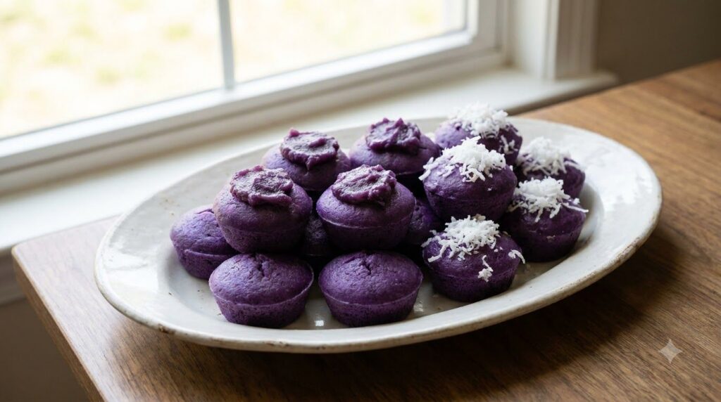 Vibrant purple ube puto some topped with ube halaya or grated coconut arranged beautifully on a serving dish