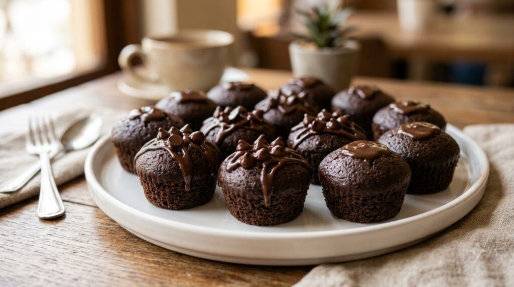 Rich brown chocolate puto some with melted chocolate chips on top on a white plate