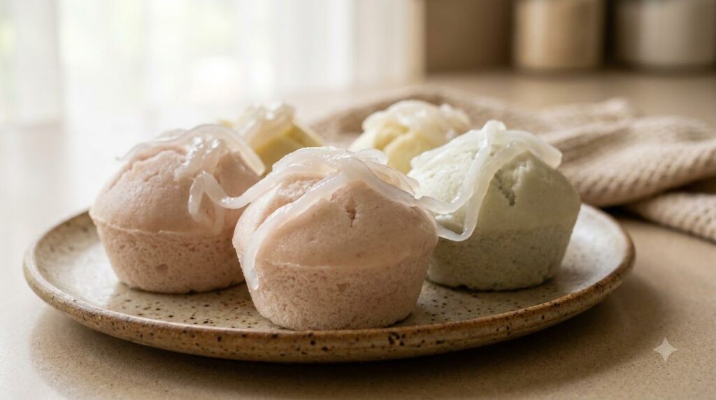 White puto with translucent strings of macapuno coconut sport on top arranged on a rustic plate