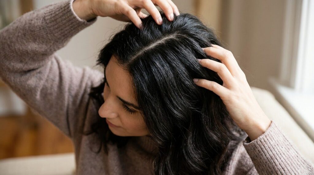 A woman gently massaging her scalp with fingertips showing a close-up of healthy-looking hair and scalp