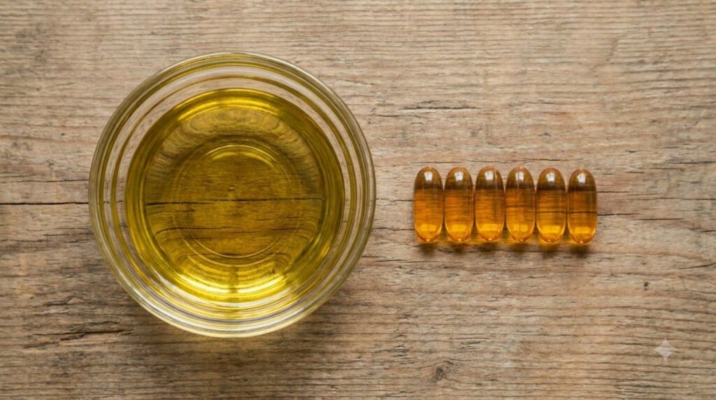 A small glass bowl with golden carrier oil and several clear vitamin E capsules ready to be mixed