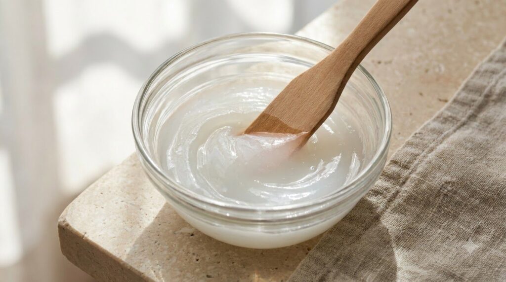 A close-up shot of a small bowl containing a creamy white mixture of petroleum jelly and baby oil being stirred with a s