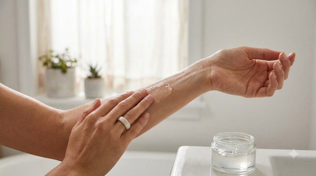 A woman gently massaging a small amount of the petroleum jelly and baby oil blend onto her forearm showing smooth hydrat