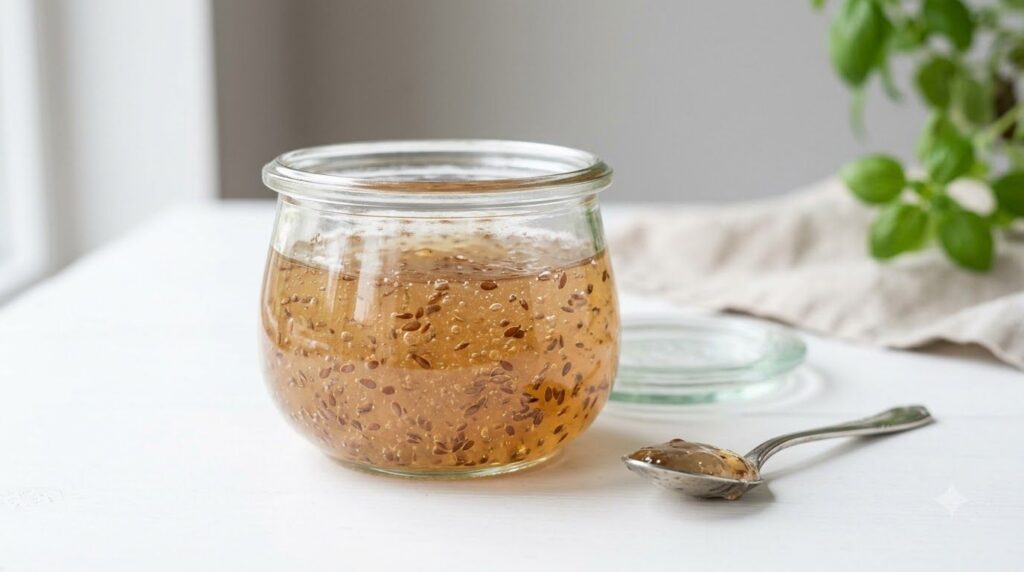 A clear glass jar filled with freshly made flaxseed gel with a spoon nearby