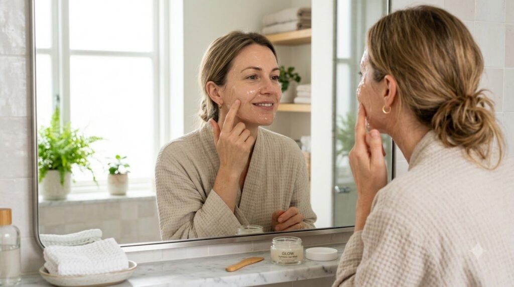 A woman applying a clear gel mask to her face in a bathroom mirror