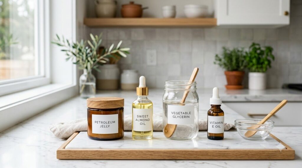 Individual ingredients for the Vaseline glow gel laid out on a clean counter a jar of Vaseline a small bottle of sweet a