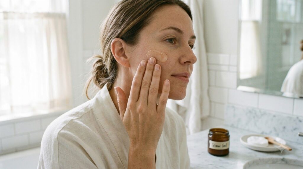 A woman s hand gently applying a small amount of the homemade glow gel to her cheek demonstrating the application proces