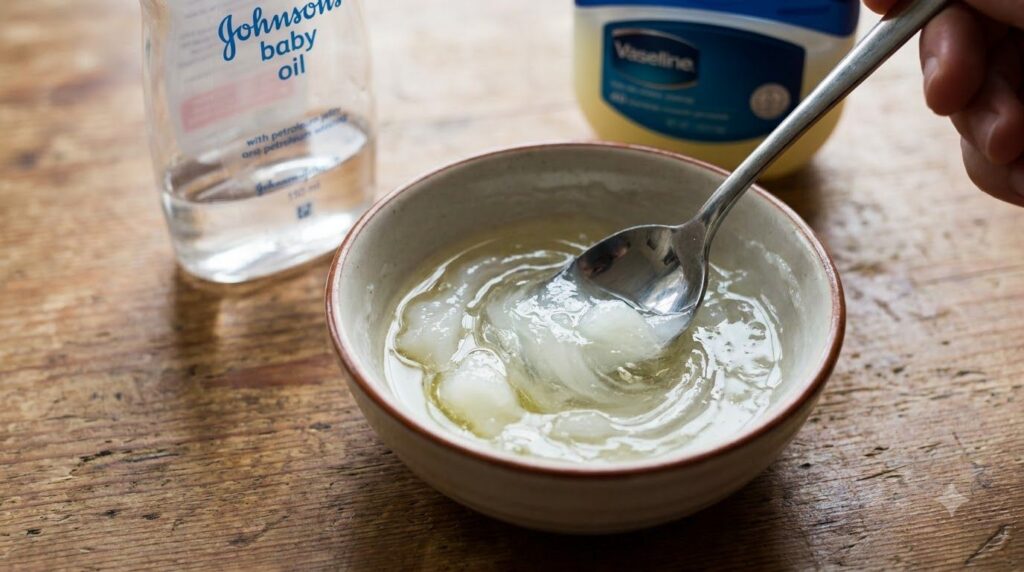 Close-up shot of a small bowl with Vaseline and Johnson s Baby Oil being stirred together with a spoon showing the proce