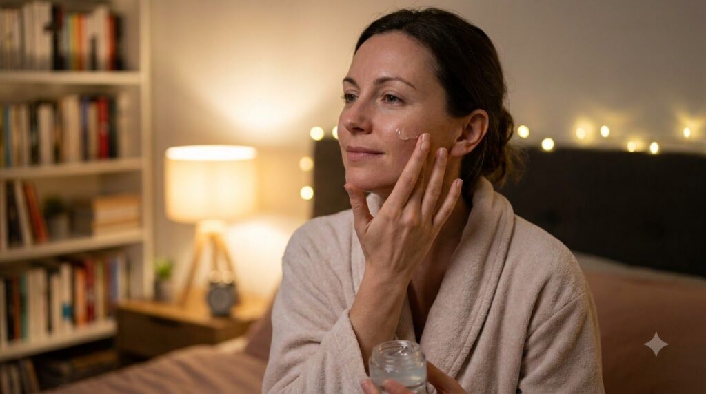 A woman gently applying a small amount of the clear night gel to her face at night showing a serene and relaxed expressi